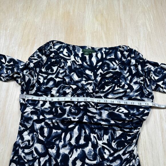 Lauren Ralph Lauren Navy White Abstract Print Ruched 3/4 Sleeve Sheath Dress 16 - Picture 6 of 14